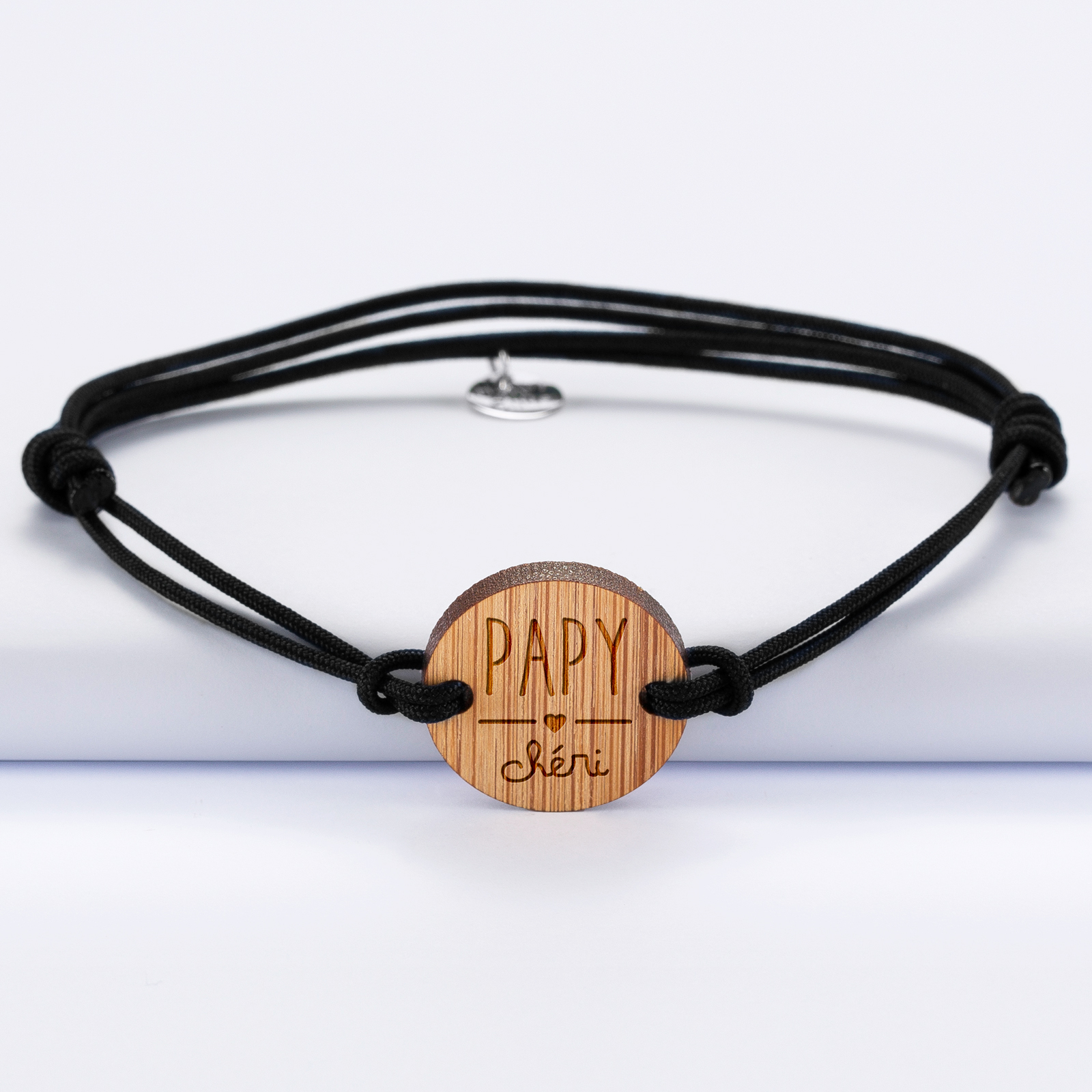 Bracelet homme médaille gravée bois ronde 21 mm - Edition spéciale "Papy Chéri" noir