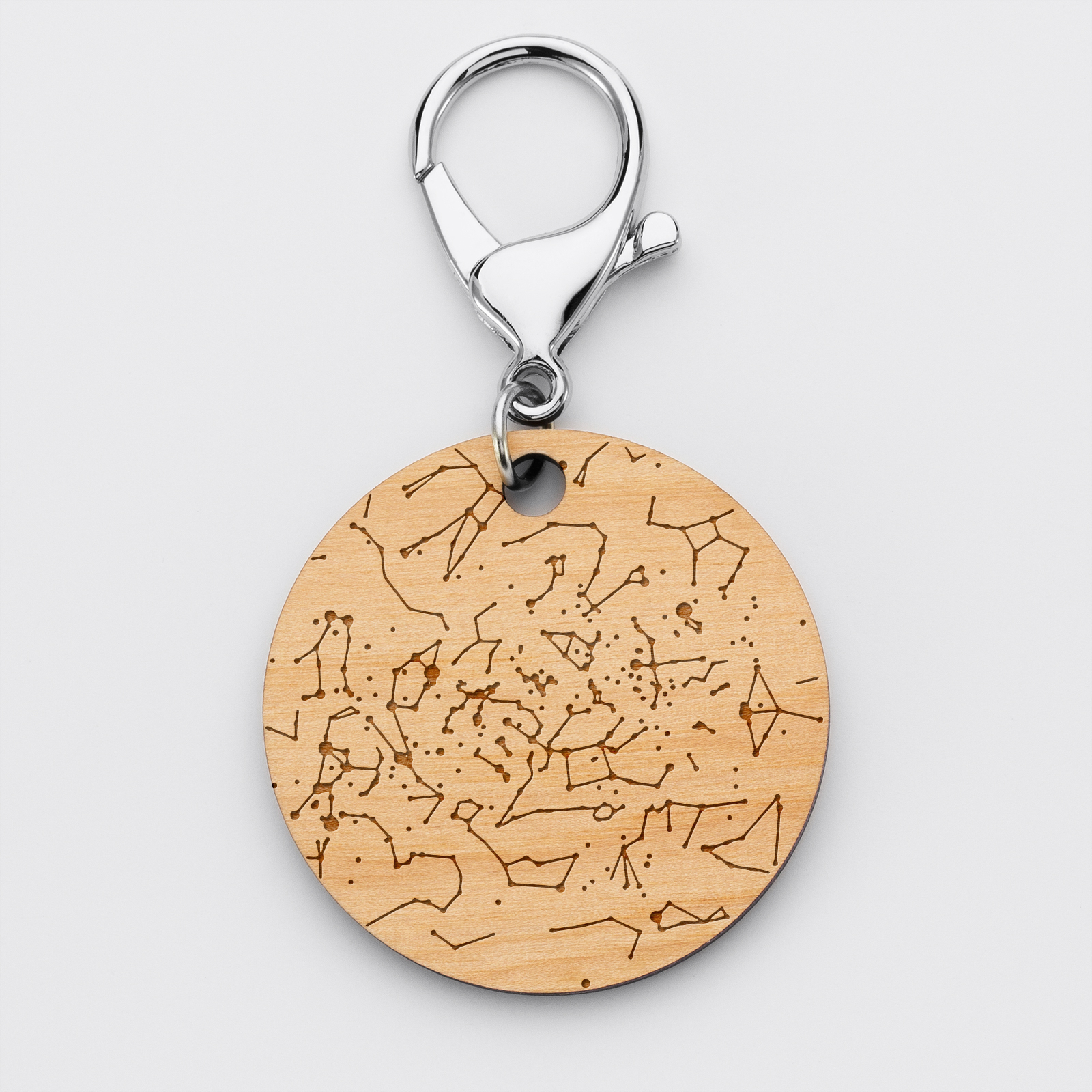 Personalised keyring wood engraved round medallion 50mm 'Stars map'