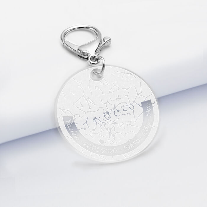 Porte-clés personnalisé gravé acrylique médaille ronde 50 mm "Carte du ciel étoilé" version white naissance