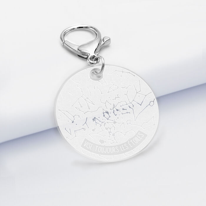 Porte-clés personnalisé gravé acrylique médaille ronde 50 mm "Carte du ciel étoilé" version white citation