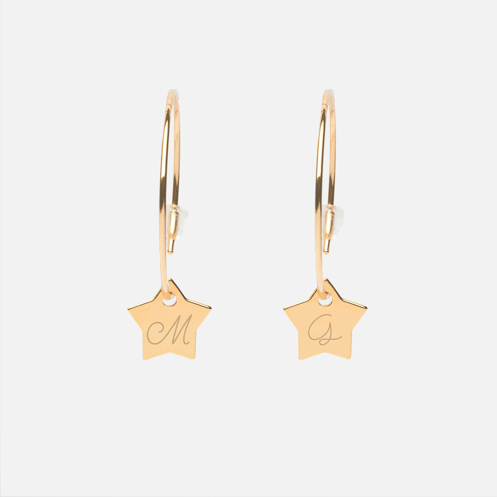Creole earrings personalised gold-plated medals engraved initial star 12 mm