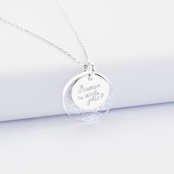 Personalised double pendant necklace engraved silver 15mm and acrylic "Starry sky map" 20mm