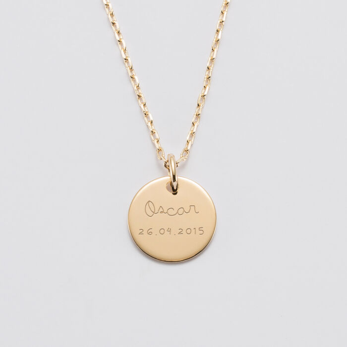 Personalised engraved gold 15m medallion pendant - name date