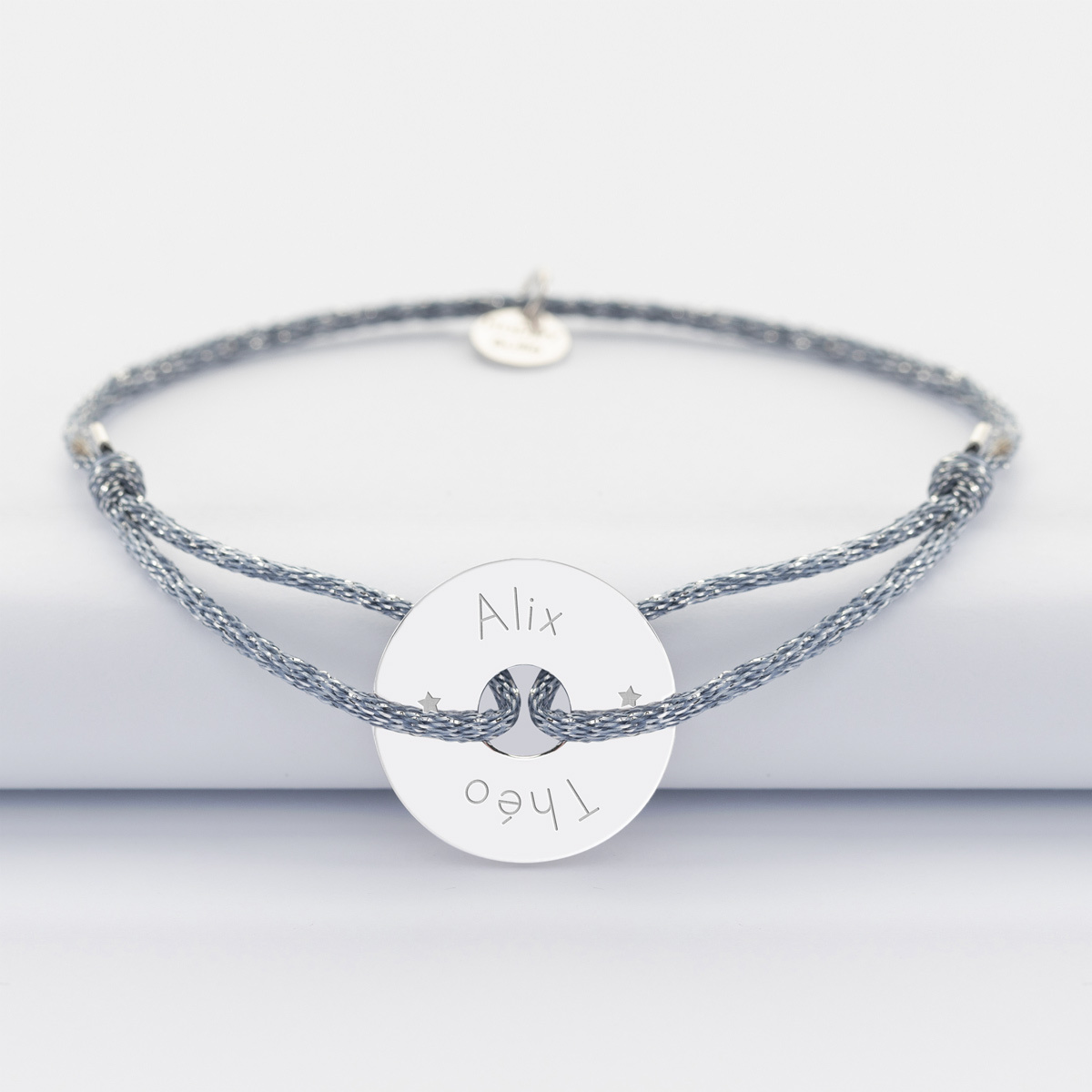 Sparkly cord bracelet with personalised engraved silver open disc 20mm