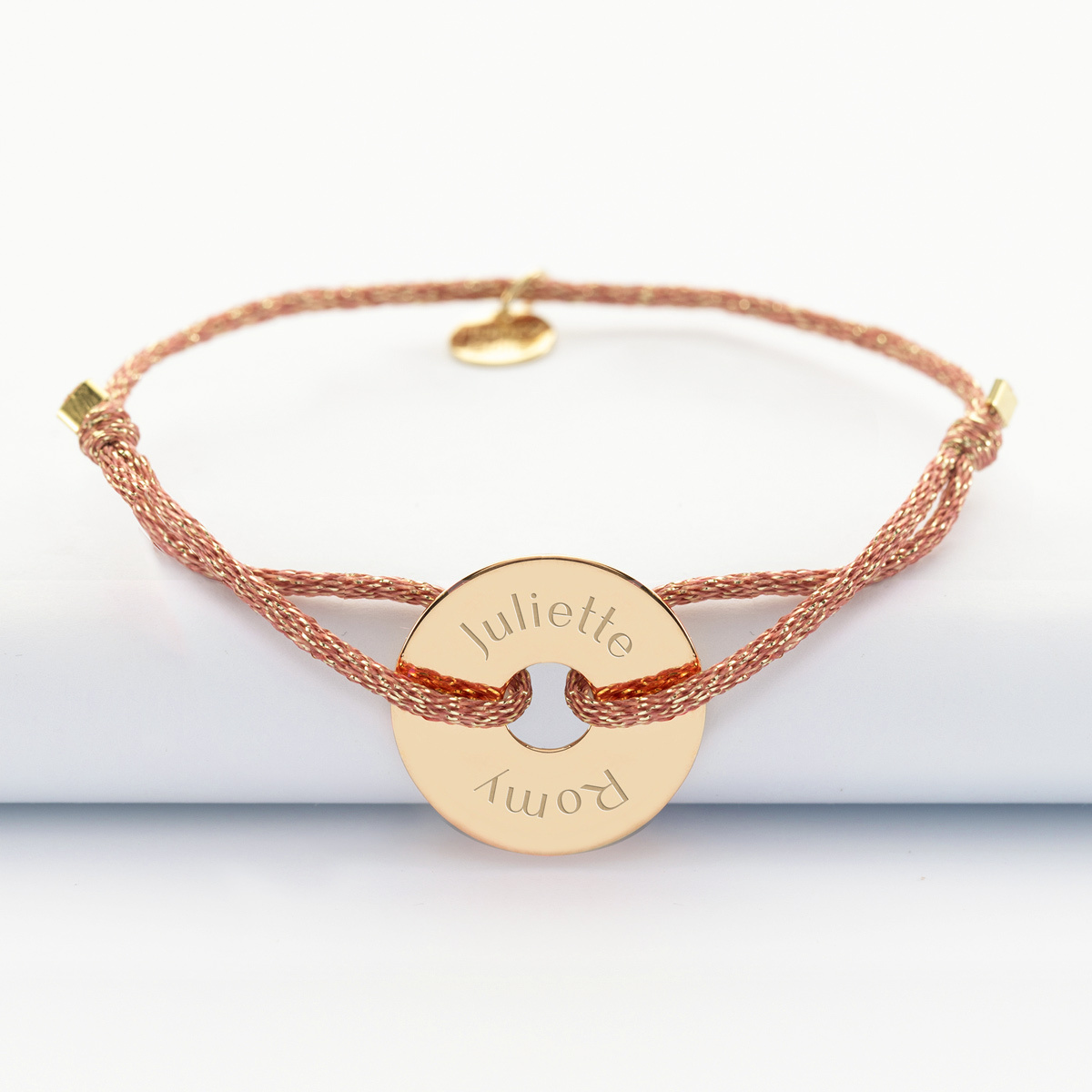 Sparkly cord bracelet with personalised engraved gold plated open disc 20mm