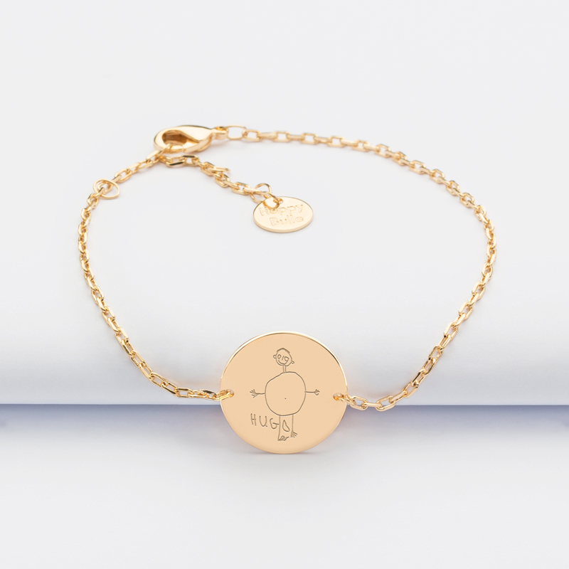 Bracelet chaine personnalisé médaille gravée plaqué or 2 trous 15 mm - Nos petits imparfaits dessin