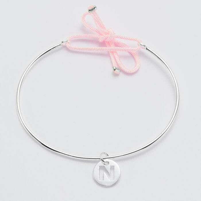 Personalised silver and cord bangle bracelet and 11mm initial letter engraved medallion - 2