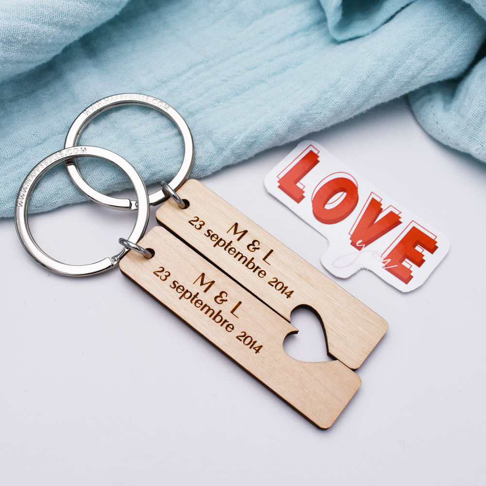 Pair Of Personalised Matching Keyrings For Lovers With Engraved Wooden Plates 16x66mm