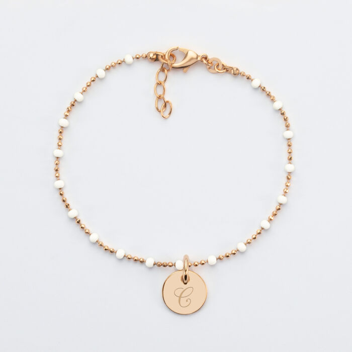 Bracelet perles colorées personnalisé médaille gravée plaqué or 10 mm 2
