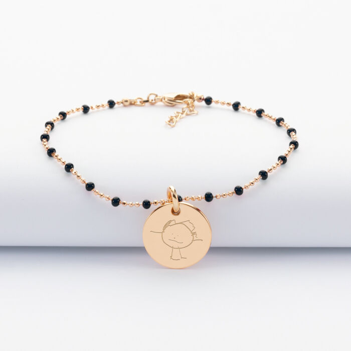 Bracelet perles colorées personnalisé médaille gravée plaqué or 15 mm dessin