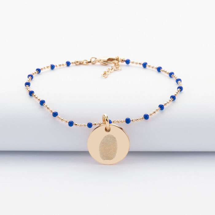 Bracelet perles colorées personnalisé médaille gravée plaqué or 15 mm empreinte