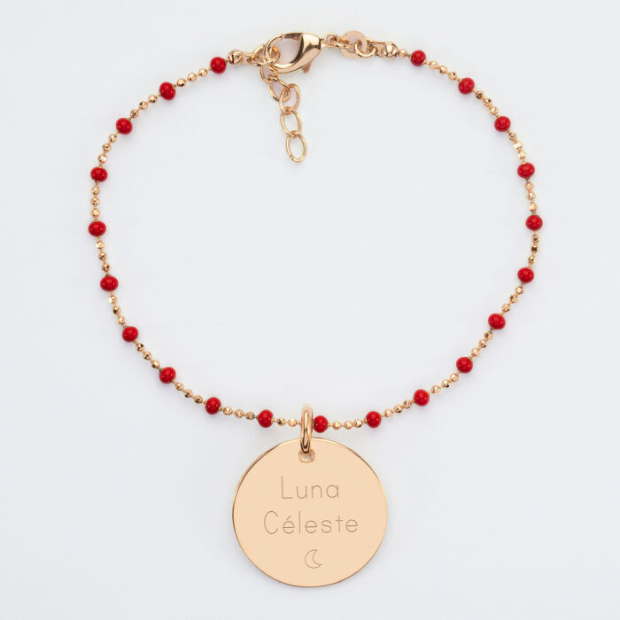 Bracelet perles colorées personnalisé médaille gravée plaqué or 19 mm 2 prénom