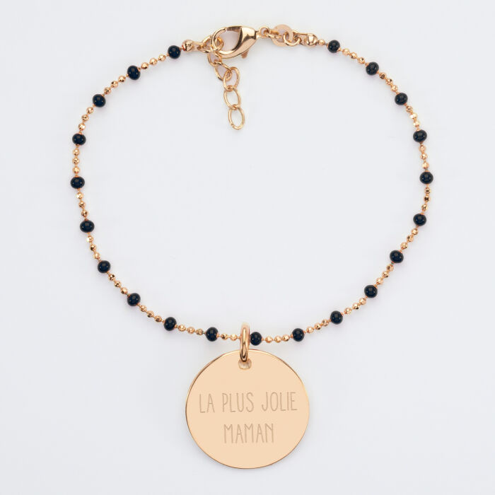 Bracelet perles colorées personnalisé médaille gravée plaqué or 19 mm illu