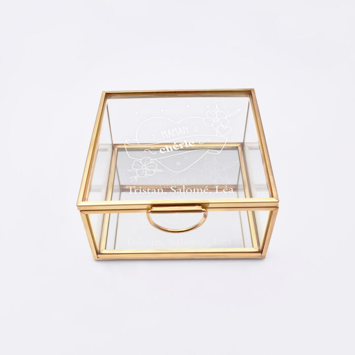 Boîte à bijoux personnalisée 10x10x5 cm verre gravé - Edition spéciale "Maman cœur floral" - face
