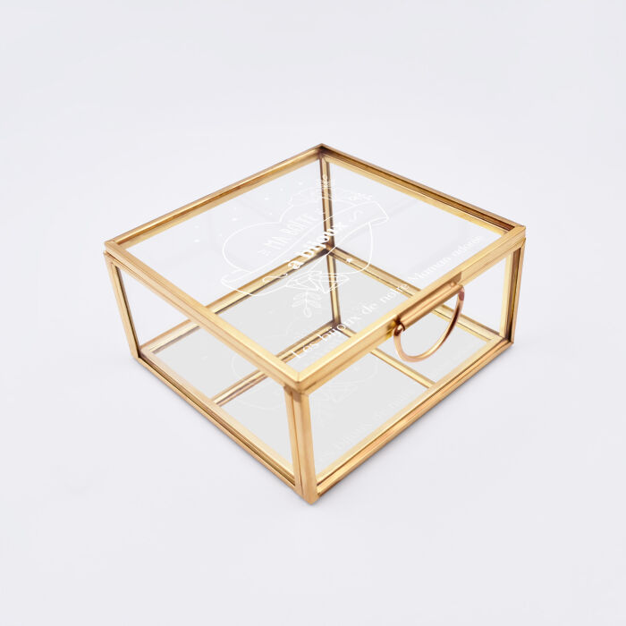 Boîte à bijoux personnalisée 10x10x5 cm verre gravé - Edition spéciale "Maman cœur floral" - biais