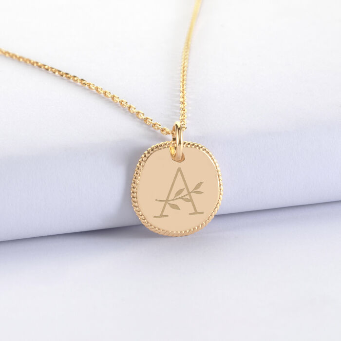 Pendentif personnalisé médaille contour tressé gravée plaqué or 17 mm -initiale A