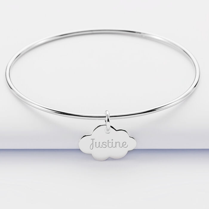 Personalised silver bangle and engraved cloud medallion 20x14 mm - name