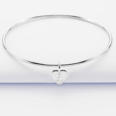 Bracelet personnalisé jonc argent médaille gravée initiale coeur 10 mm - 1