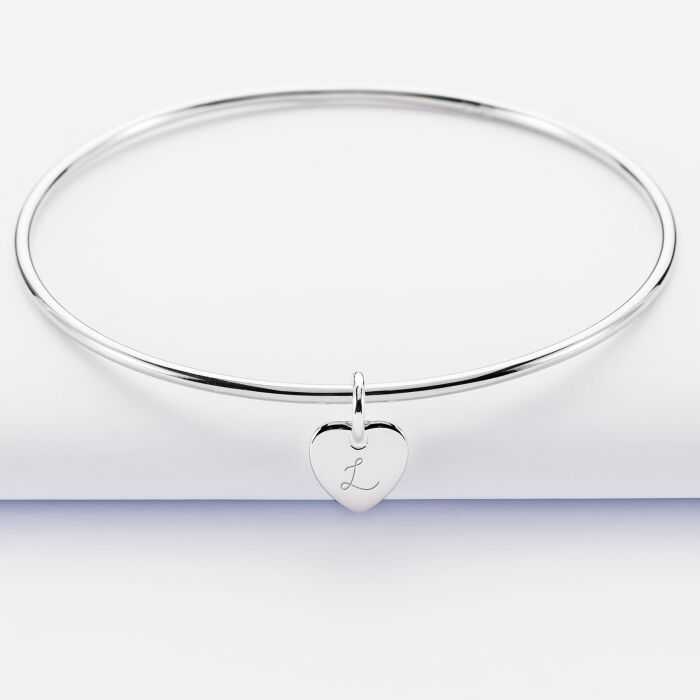 Personalised silver bangle and 10 mm engraved initial heart medallion - 1