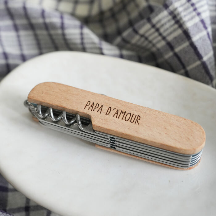 Couteau suisse personnalisé bois gravé - papa d'amour
