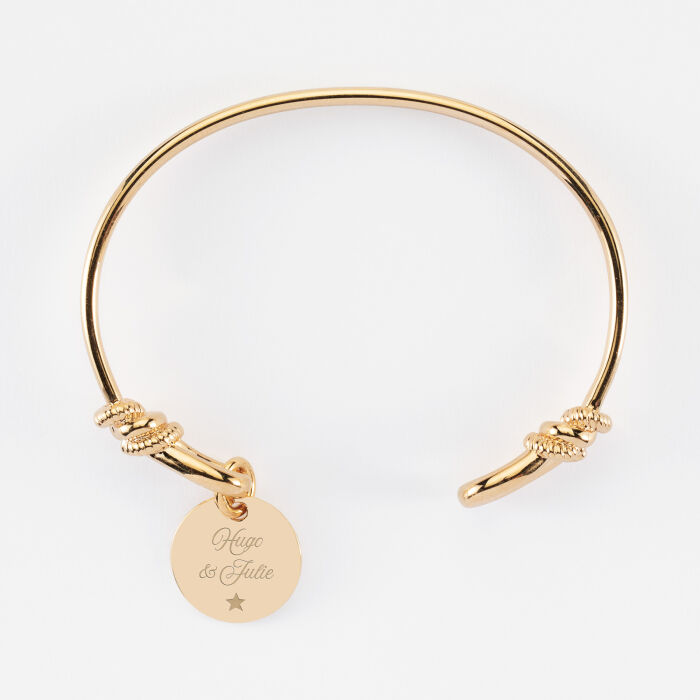 Bracelet jonc personnalisé "Le lien" médaille gravée plaqué or 15 mm - HappyBulle x Lilylovesfashion - texte pictogramme