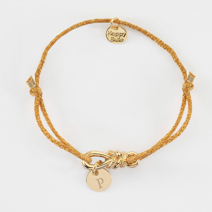 Bracelet cordon pailleté personnalisé "Le lien" et médaille gravée plaqué or 10 mm - HappyBulle x Lilylovesfashion - P