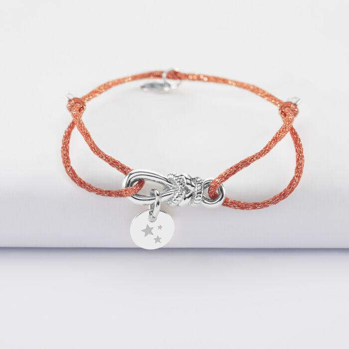 Bracelet cordon pailleté personnalisé "Le lien" et médaille gravée argent 10 mm - HappyBulle x Lilylovesfashion - pictogramme étoiles