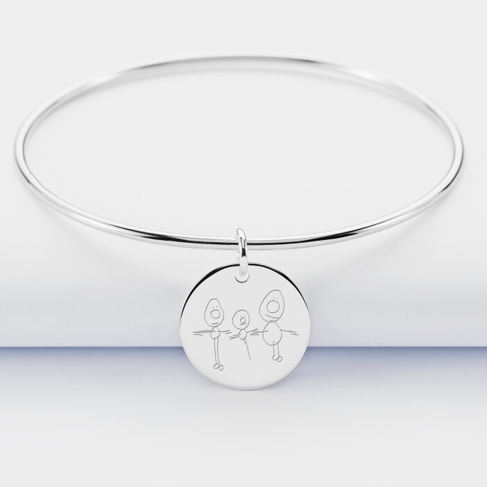 Personalised silver bangle and 19 mm engraved medallion - sketch