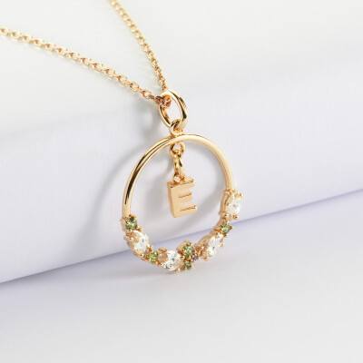 Pendentif cercle scintillant coloré personnalisé médaille plaqué or lettre initiale 5 mm