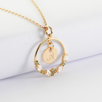 Pendentif cercle scintillant coloré personnalisé médaille gravée plaqué or 10 mm - A