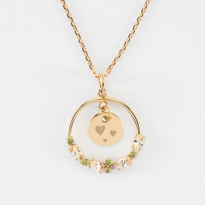 Pendentif cercle scintillant coloré personnalisé médaille gravée plaqué or 10 mm - picto coeurs