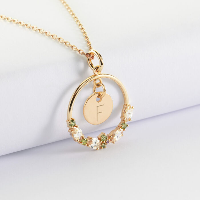 Pendentif cercle scintillant coloré personnalisé médaille gravée plaqué or 10 mm - F