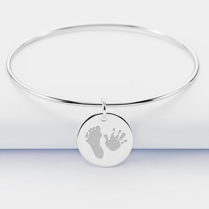 Bracelet personnalisé jonc argent médaille gravée 19 mm - empreintes