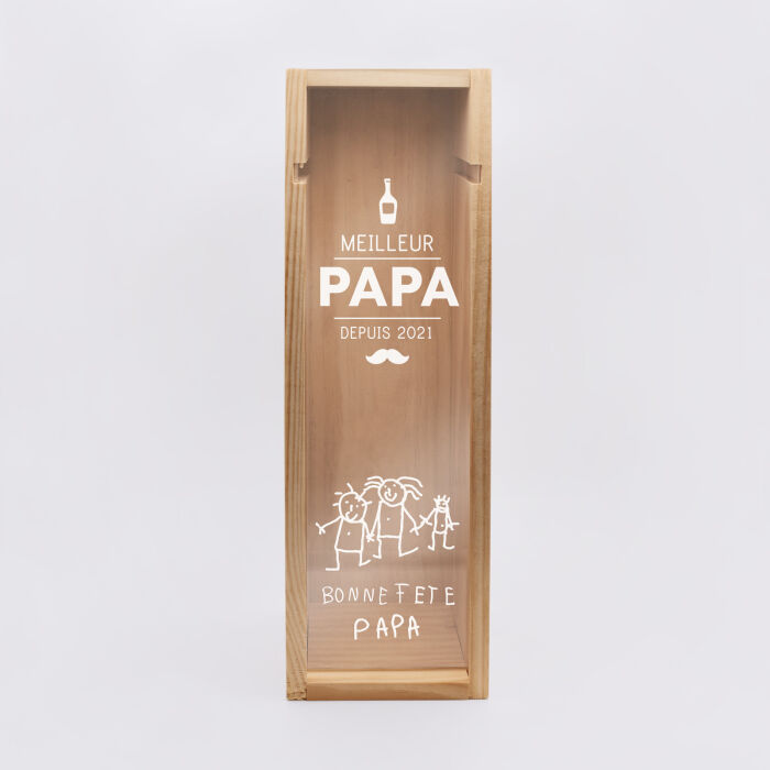 Caisse de vin bois couvercle acrylique gravé - Edition spéciale "Meilleur Papa depuis" - dessin