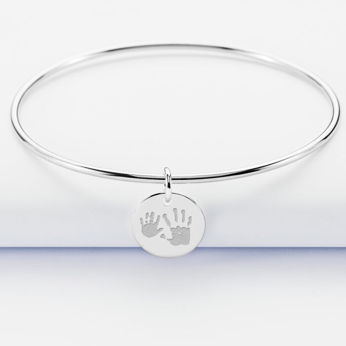 Bracelet personnalisé jonc argent médaille gravée 15 mm - empreintes