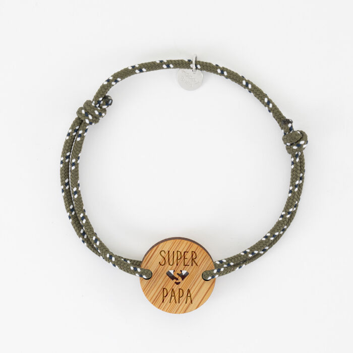 Bracelet homme cordage marine médaille gravée bois ronde 21 mm - Edition spéciale "Super Papa"