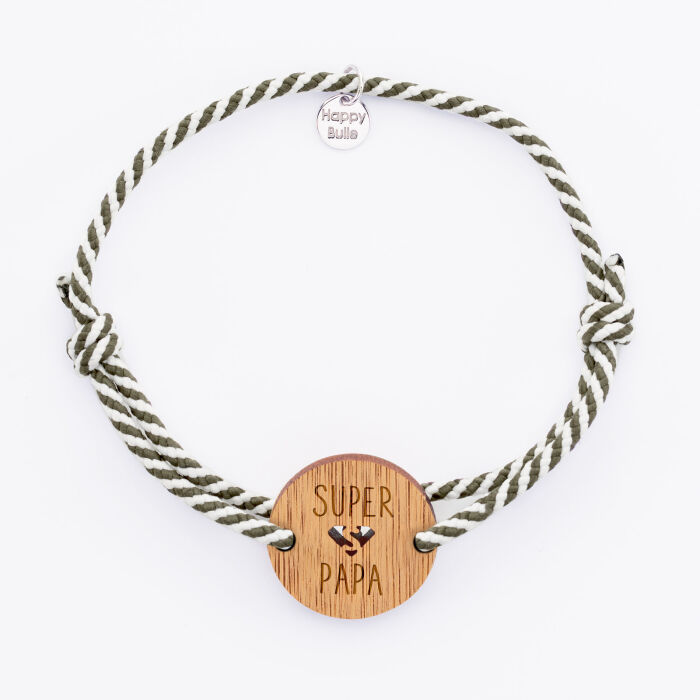 Bracelet homme cordon marin médaille gravée bois ronde 21 mm - Edition spéciale "Super Papa"