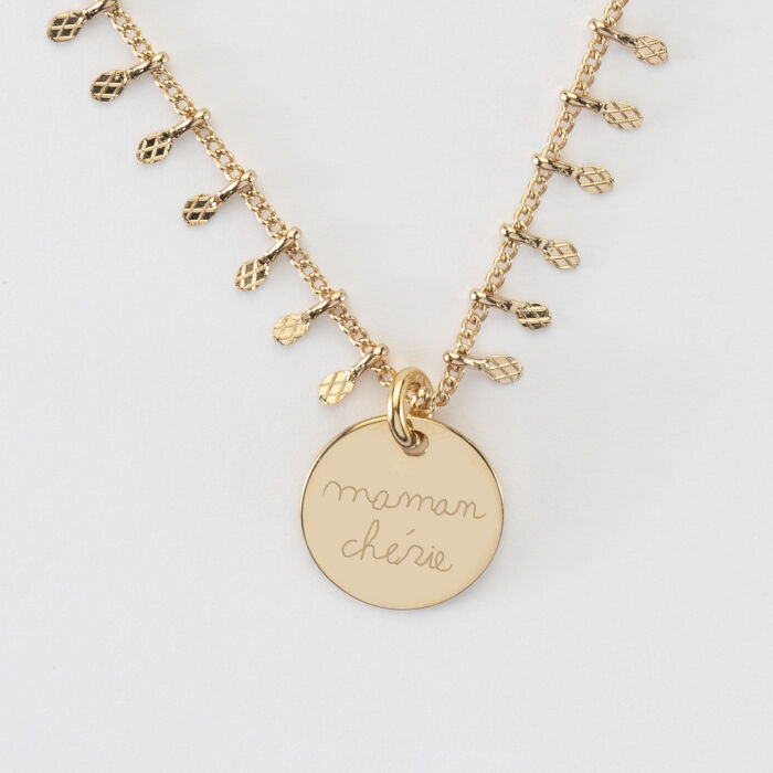 Collier chaîne pampilles personnalisé médaille gravée plaqué or 15 mm
