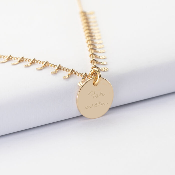 Collier chaîne pampilles personnalisé médaille gravée plaqué or 15 mm