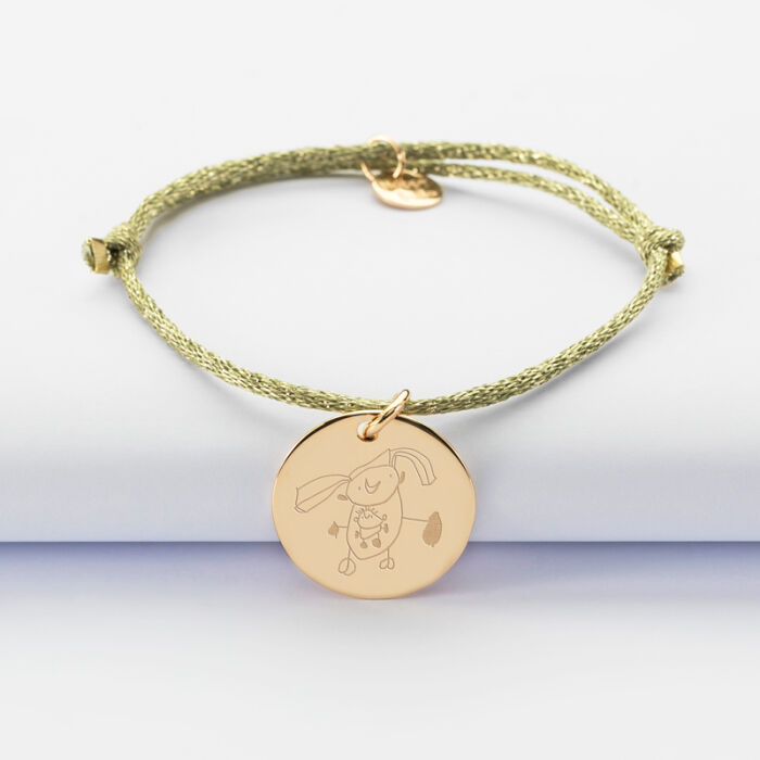 Bracelet personnalisé cordon pailleté médaille gravée plaqué or 19 mm - dessin
