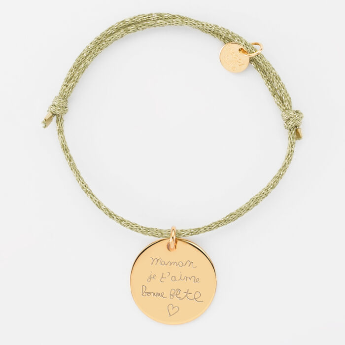 Bracelet personnalisé cordon pailleté médaille gravée plaqué or 19 mm - écrits