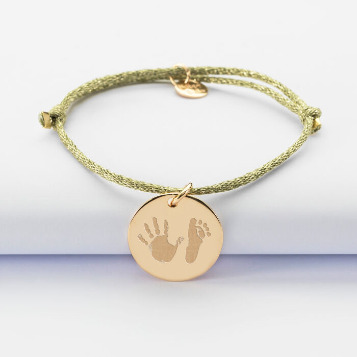 Bracelet personnalisé cordon pailleté médaille gravée plaqué or 19 mm - empreintes