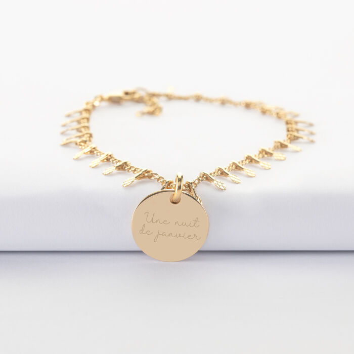 Bracelet chaîne pampilles personnalisé médaille gravée plaqué or 15 mm