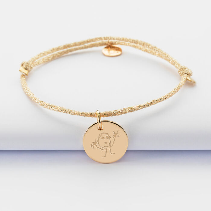 Bracelet personnalisé cordon pailleté médaille gravée plaqué or 15 mm - dessin