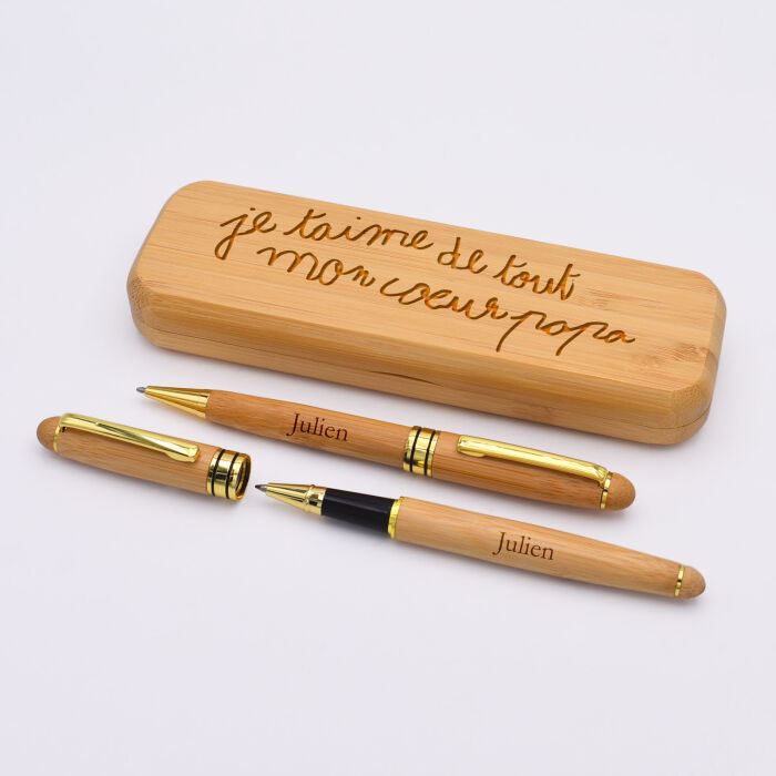Personalised Bamboo Pen Case and 2 Engraved Pens 170x60 mm- Our Little Imperfections