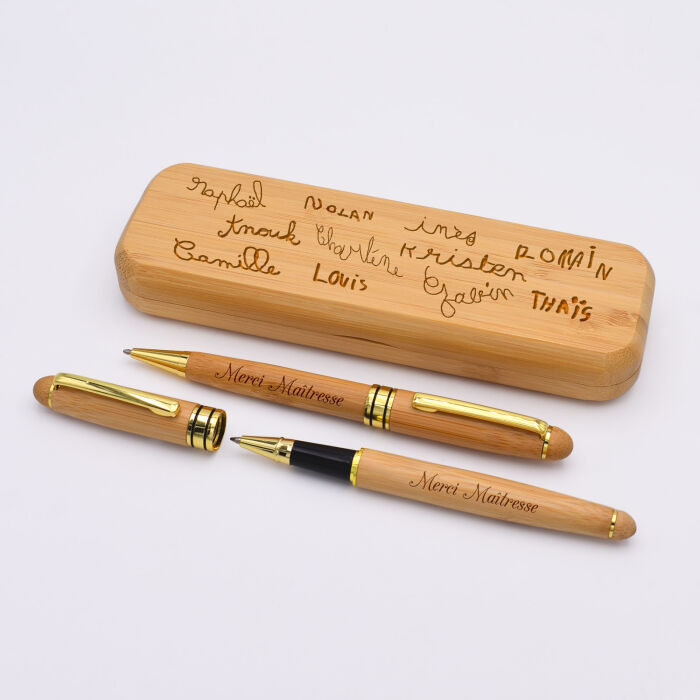 Personalised Engraved Bamboo Pen Case with Two Engraved Pens