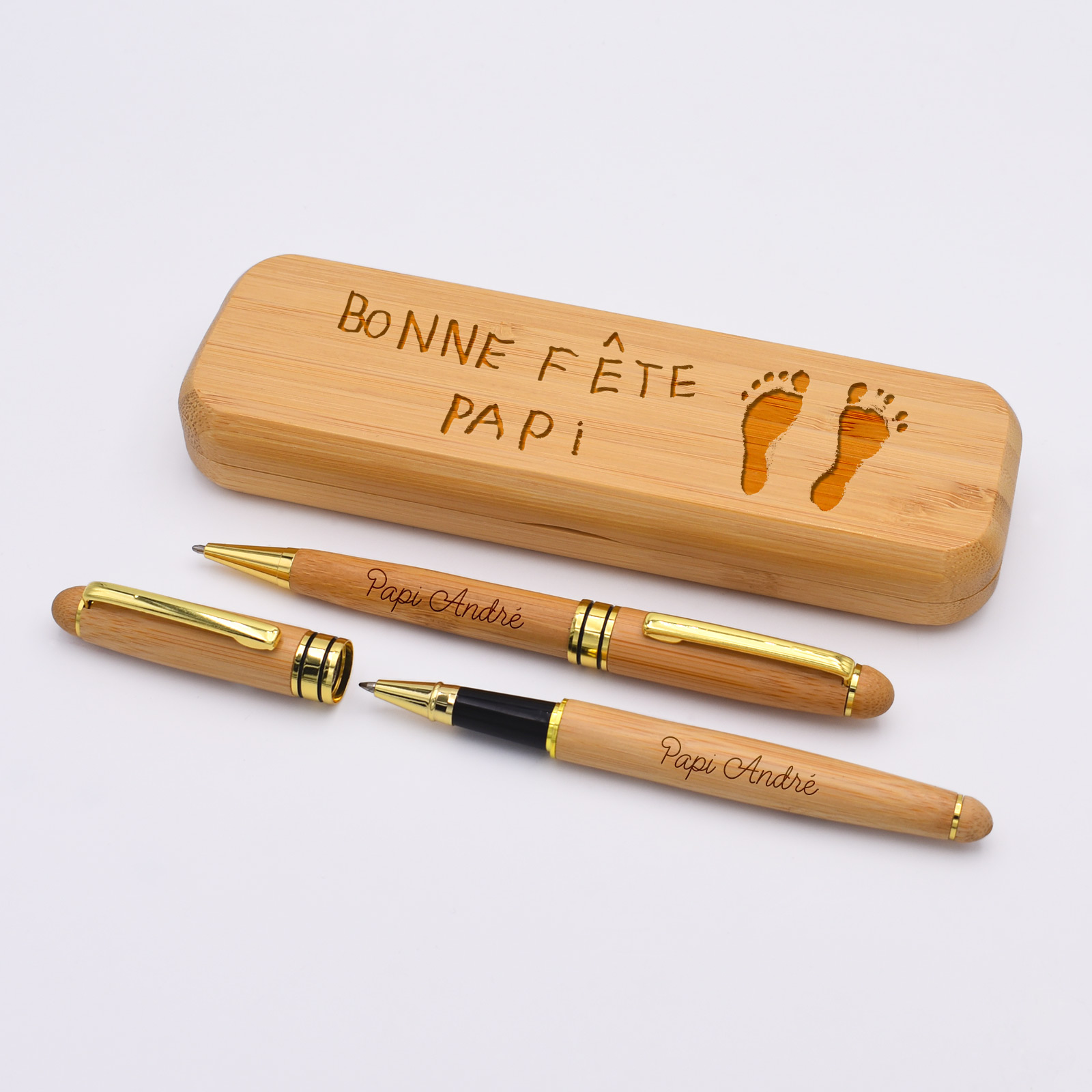 Personalised Engraved Bamboo Pen Case with Two Engraved Pens