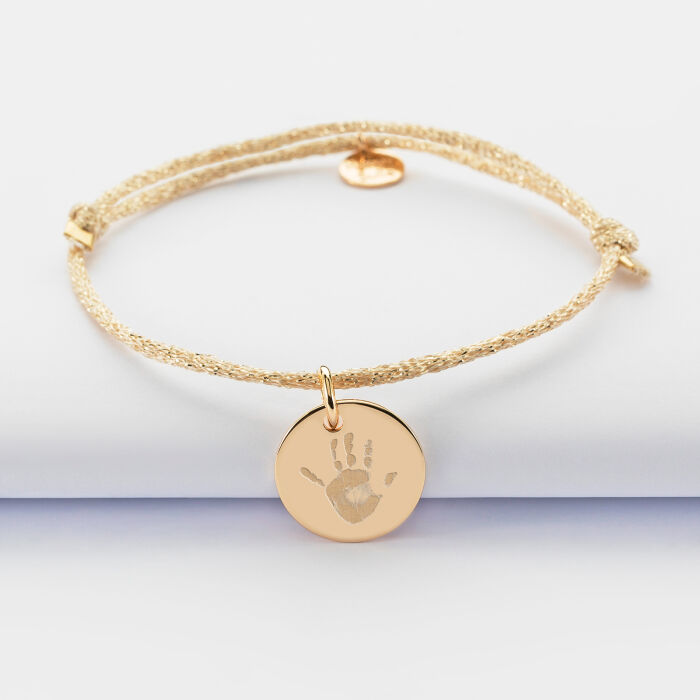 Sparkly cord bracelet with personalised engraved gold plated medallion 15 mm - imprint