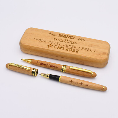 Coffret bambou personnalisé et 2 stylos gravés - Merci Maîtresse
