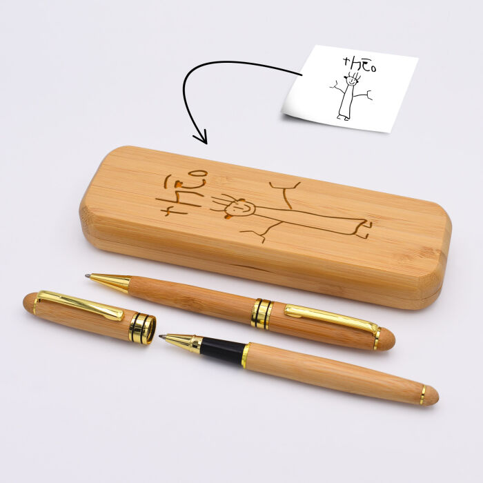 Personalised Engraved Bamboo Pen Case with Two Engraved Pens